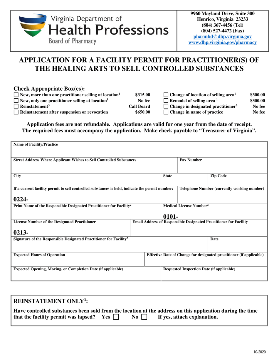 Application for a Facility Permit for Practitioner(S) of the Healing Arts to Sell Controlled Substances - Virginia, Page 1