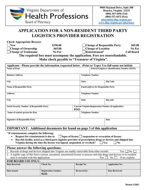 Application for a Non-resident Third Party Logistics Provider Registration - Virginia Download Pdf