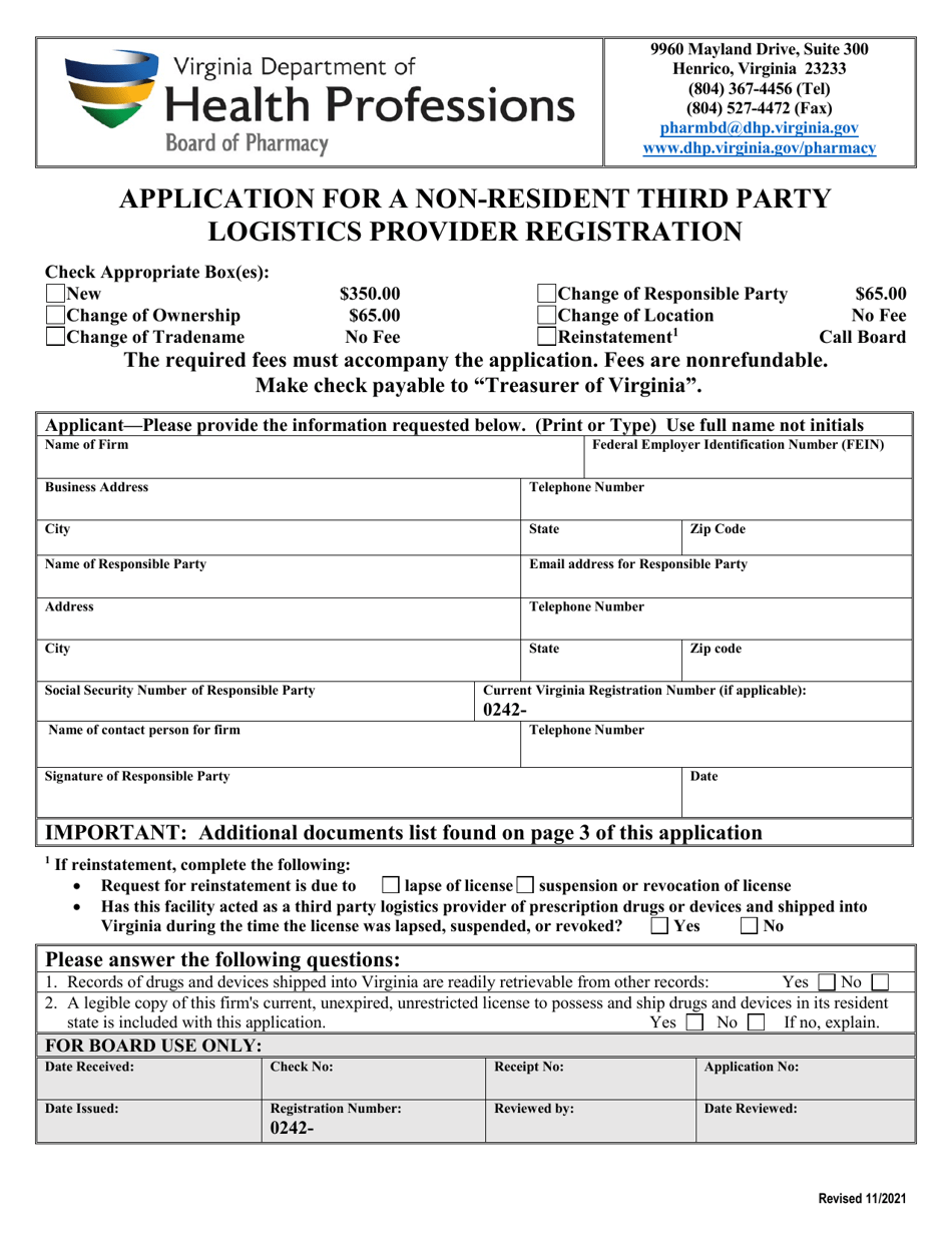 Application for a Non-resident Third Party Logistics Provider Registration - Virginia, Page 1