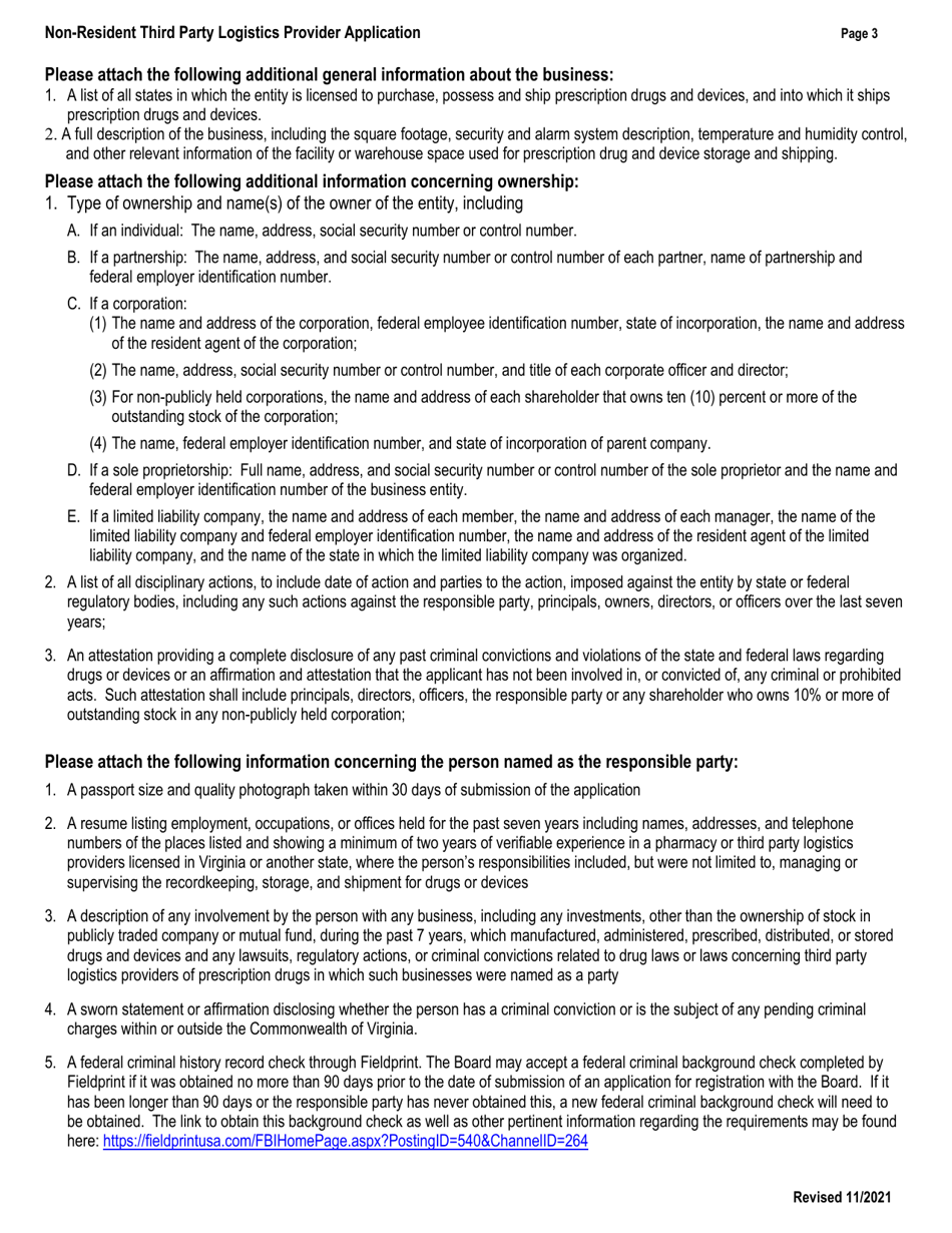 Application for a Non-resident Third Party Logistics Provider Registration - Virginia, Page 3