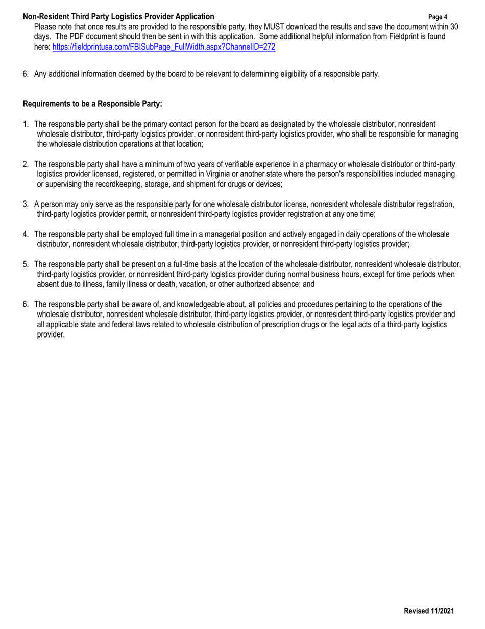 Application for a Non-resident Third Party Logistics Provider Registration - Virginia, Page 4