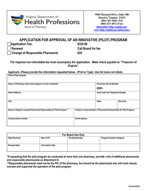 Application for Approval of an Innovative (Pilot) Program - Virginia Download Pdf