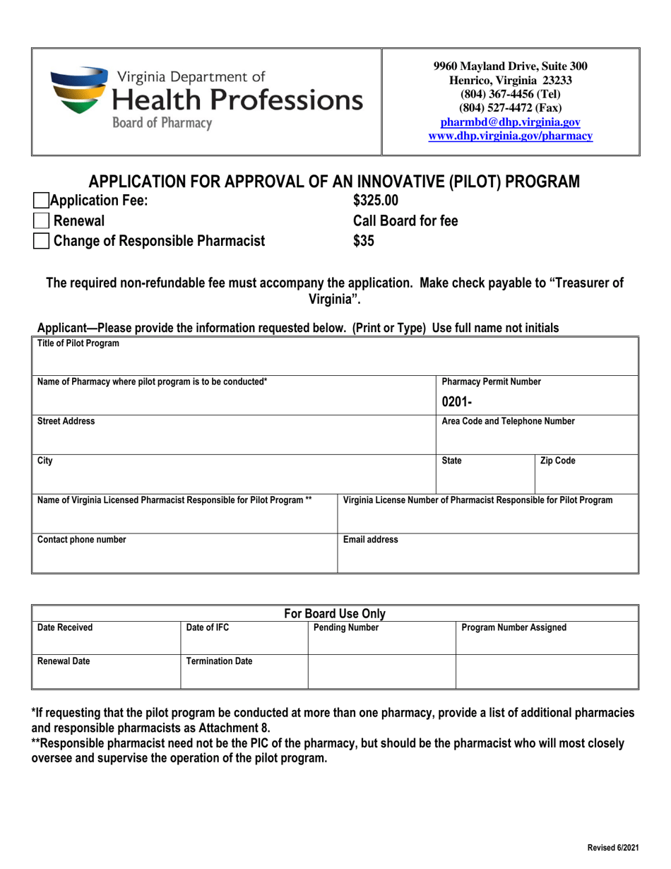 Application for Approval of an Innovative (Pilot) Program - Virginia, Page 1