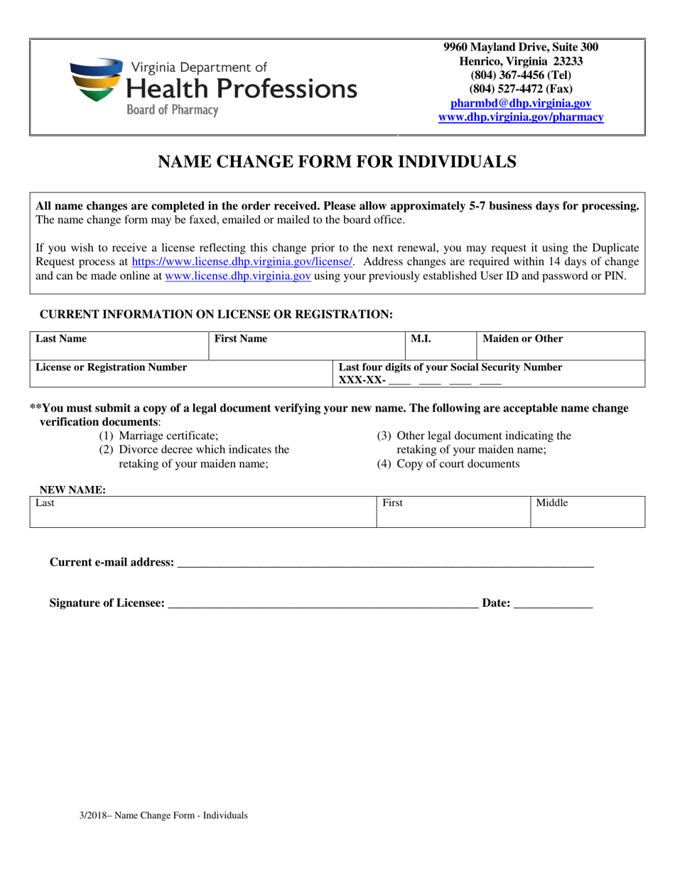 Name Change Form for Individuals - Virginia, Page 1