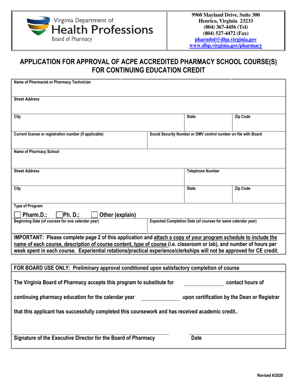 Application for Approval of Acpe Accredited Pharmacy School Course(S) for Continuing Education Credit - Virginia, Page 1
