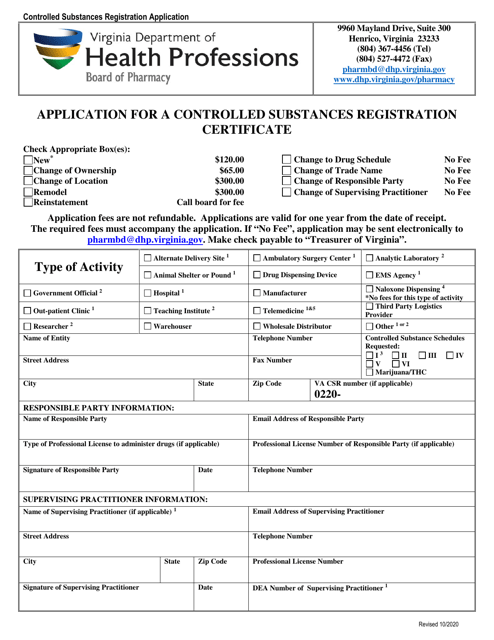 Application for a Controlled Substances Registration Certificate - Virginia Download Pdf