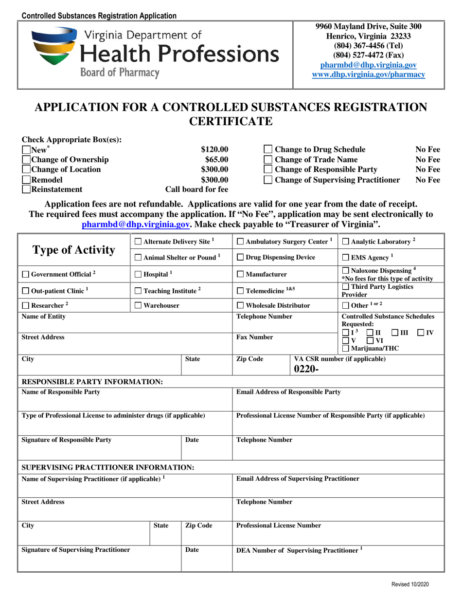 Virginia Application for a Controlled Substances Registration