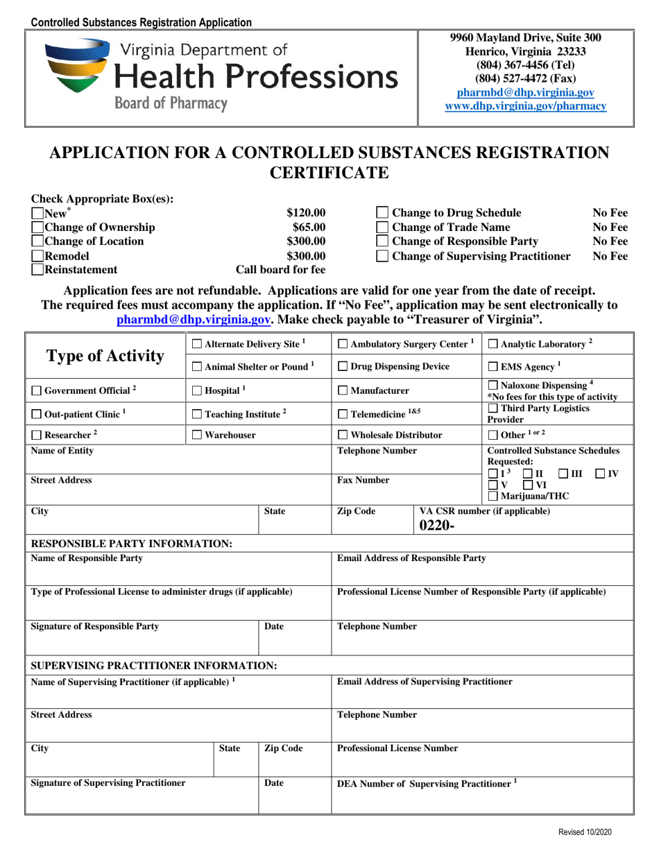 Application for a Controlled Substances Registration Certificate - Virginia, Page 1