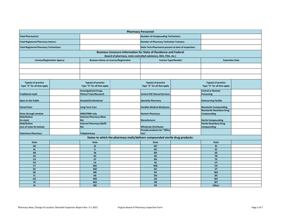 Pharmacy New, Change of Location, Remodel Inspection Report - Virginia, Page 2