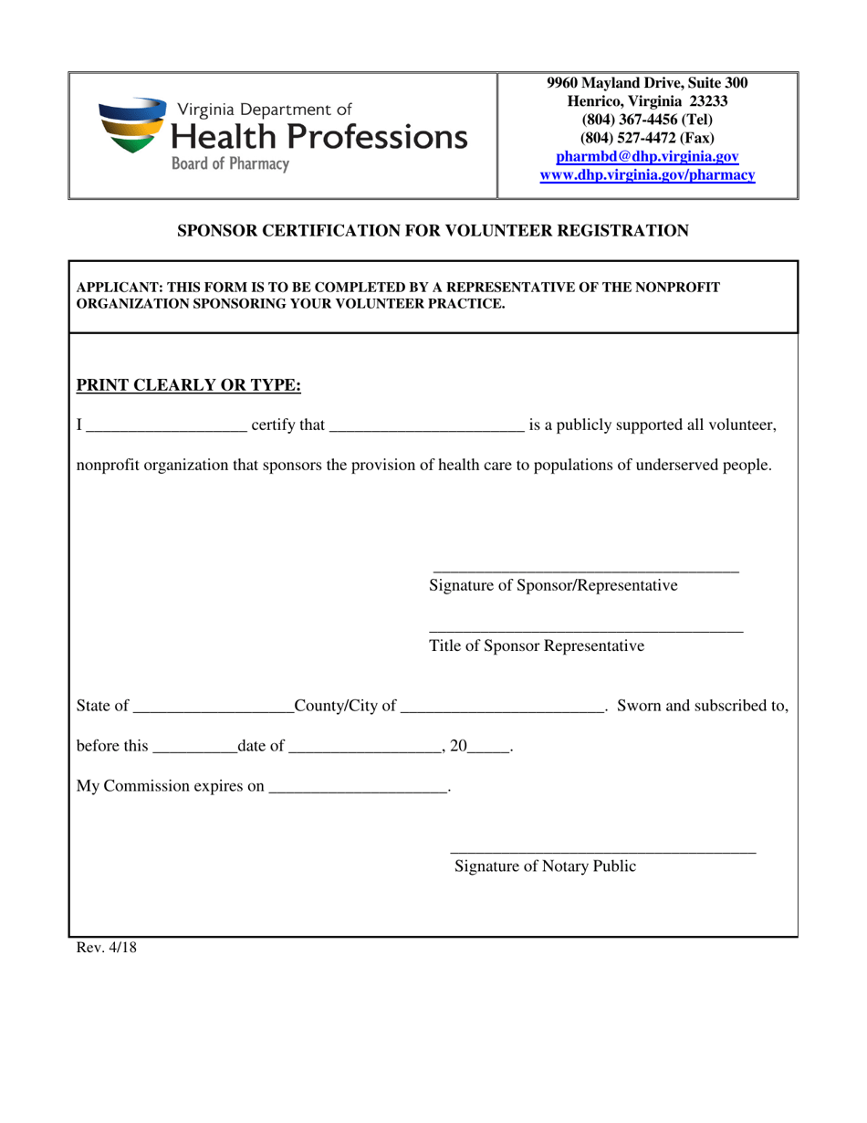 Sponsor Certification for Volunteer Registration - Virginia, Page 1