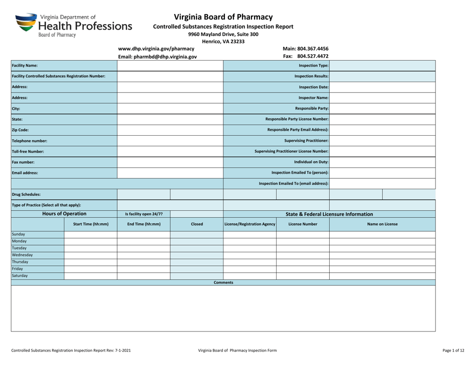 Controlled Substances Registration Inspection Report - Virginia, Page 1