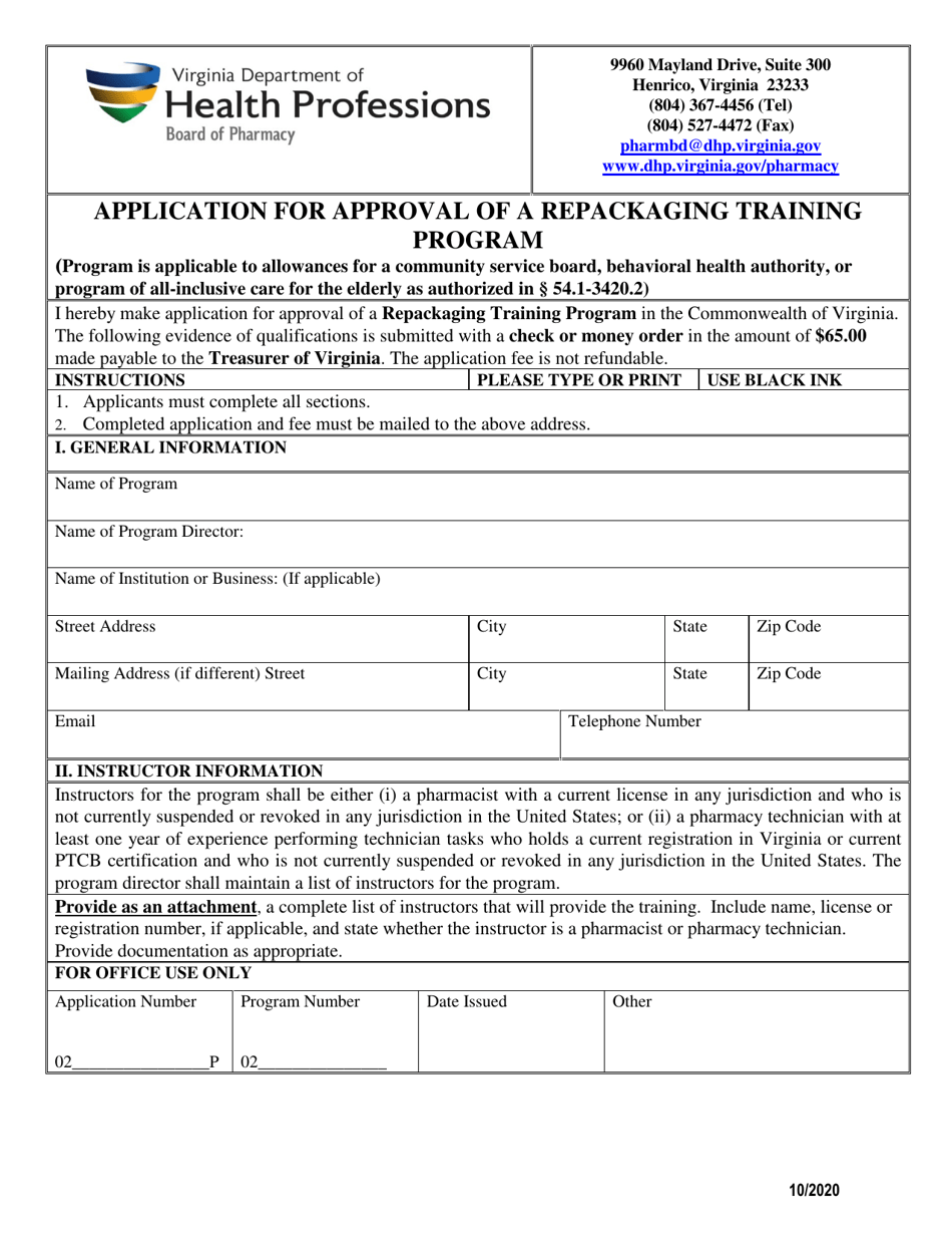 Application for Approval of a Repackaging Training Program - Virginia, Page 1