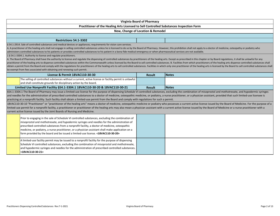 Practitioners Selling Controlled Substances Inspection Report - Virginia, Page 2
