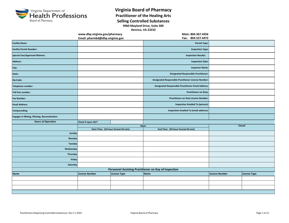 Virginia Practitioners Selling Controlled Substances Inspection Report ...