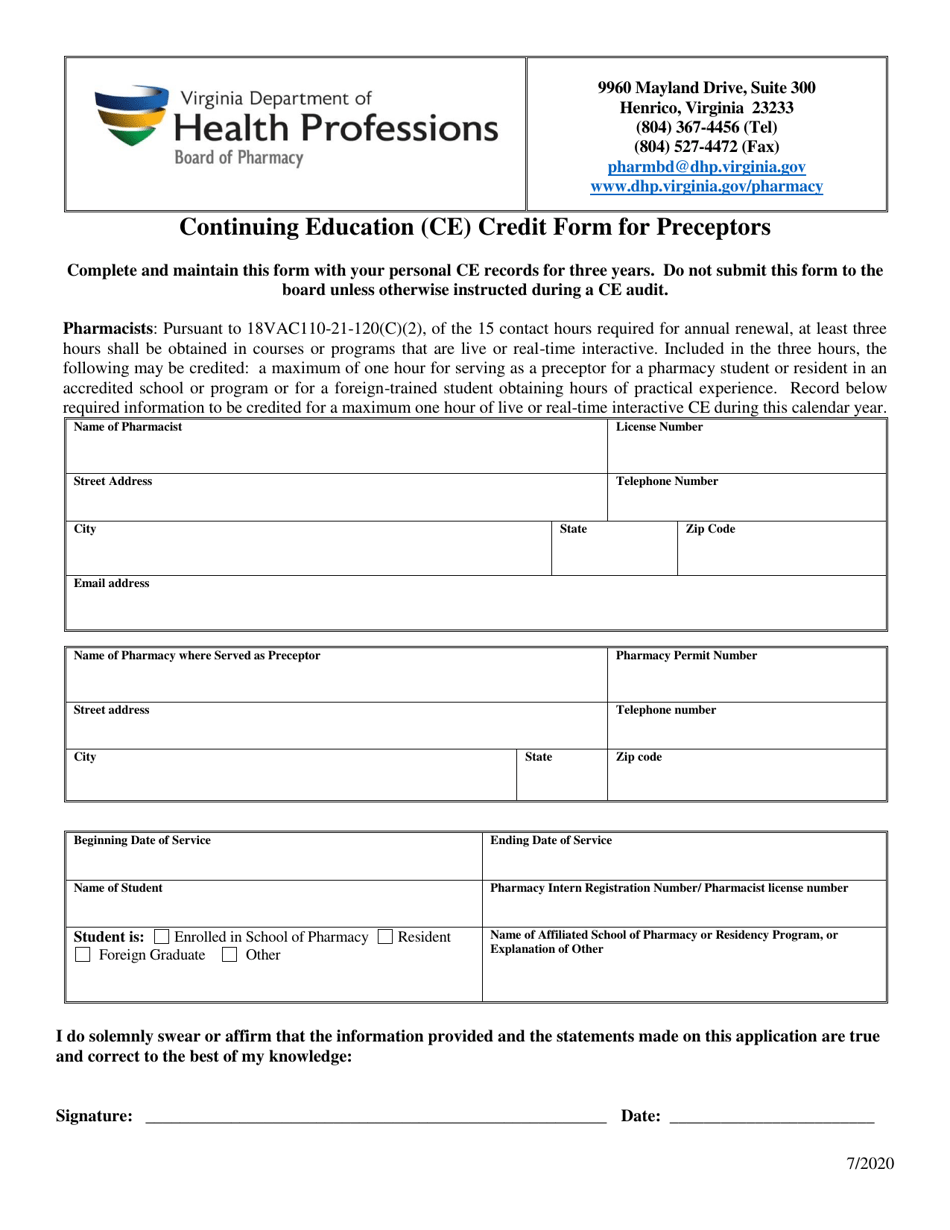 Continuing Education (Ce) Credit Form for Preceptors - Virginia, Page 1