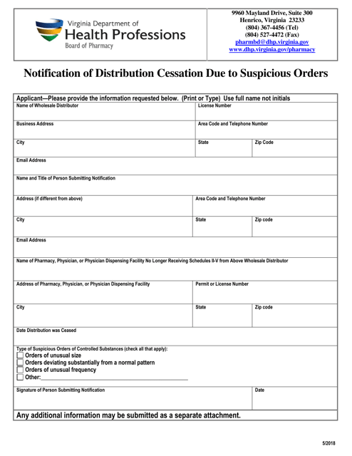 Notification of Distribution Cessation Due to Suspicious Orders - Virginia Download Pdf
