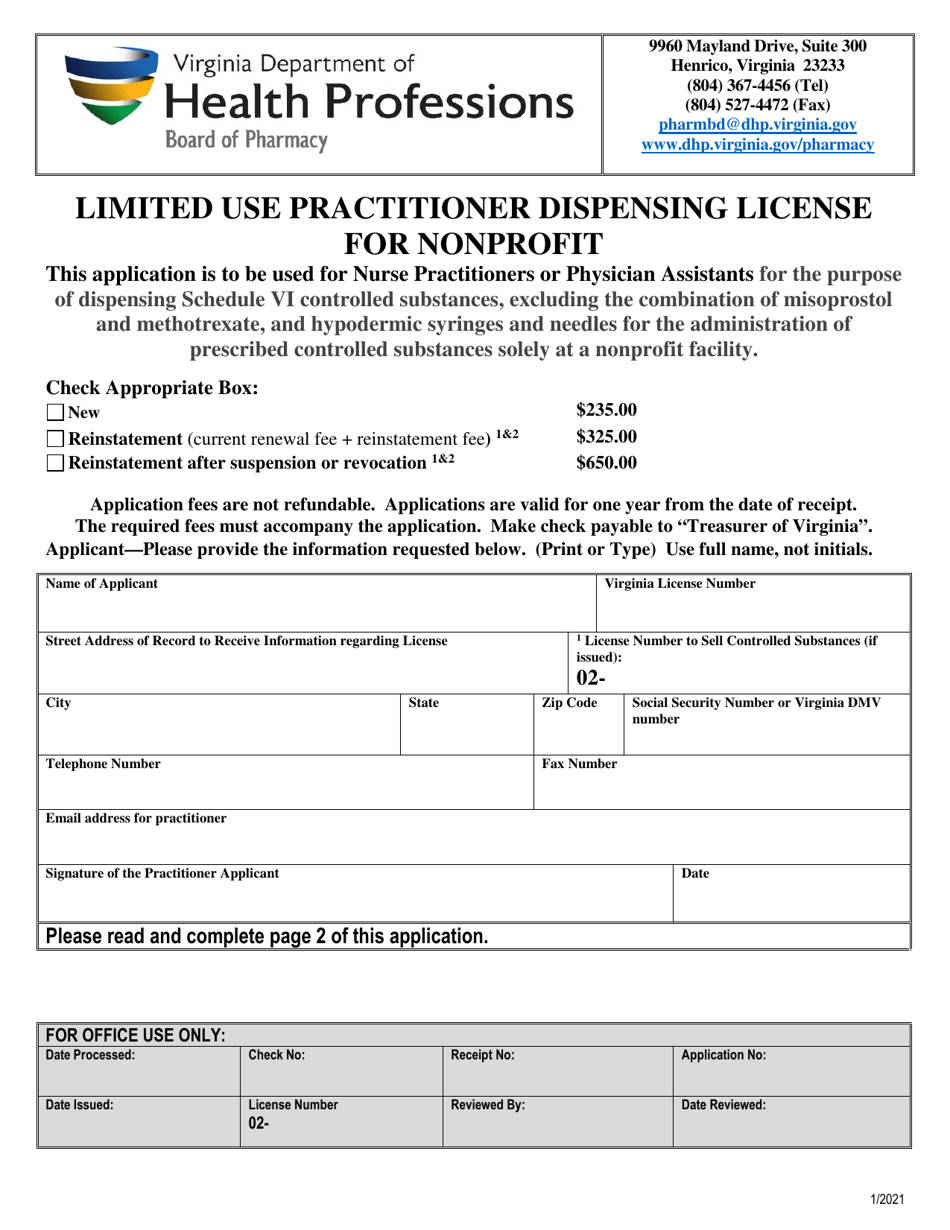 Limited Use Practitioner Dispensing License for Nonprofit - Virginia, Page 1