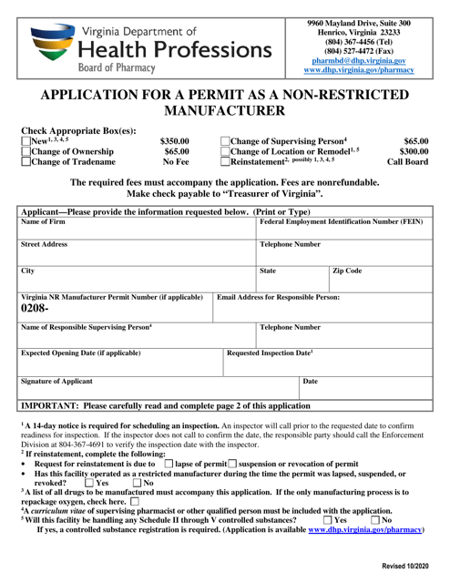 Application for a Permit as a Non-restricted Manufacturer - Virginia Download Pdf