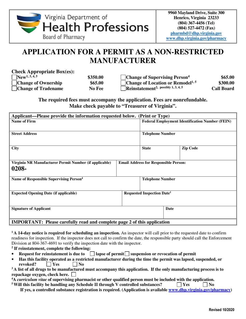 Application for a Permit as a Non-restricted Manufacturer - Virginia, Page 1