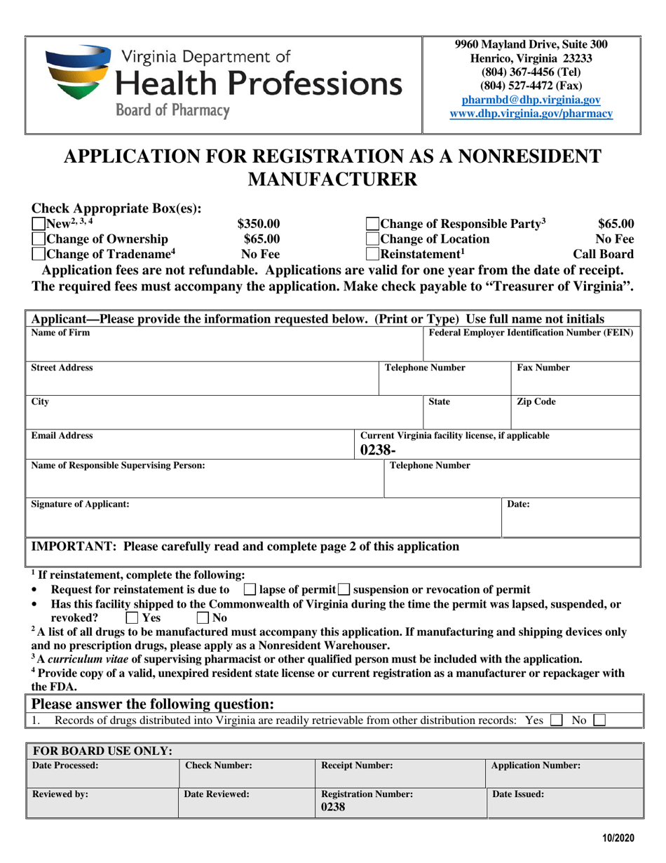 Application for Registration as a Non-resident Manufacturer - Virginia, Page 1