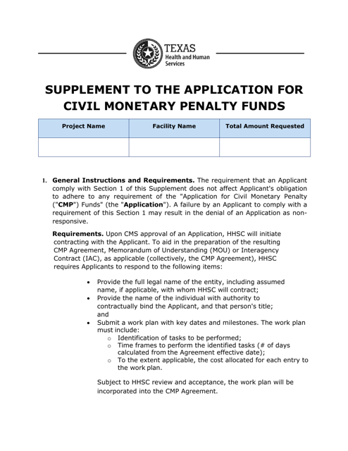 Supplement to the Application for Civil Monetary Penalty Funds - Texas Download Pdf