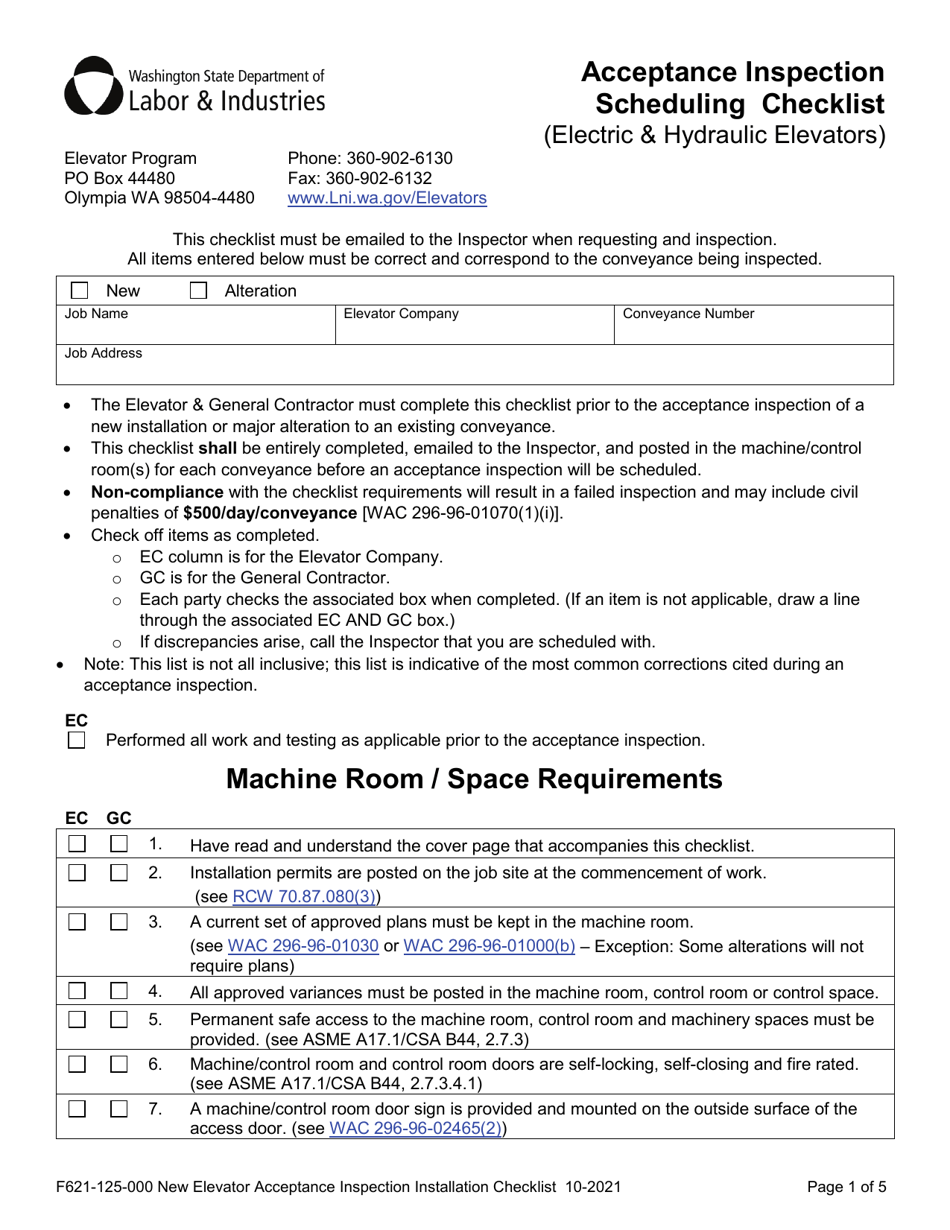 Form F621-125-000 Acceptance Inspection Scheduling Checklist (Electric  Hydraulic Elevators) - Washington, Page 1