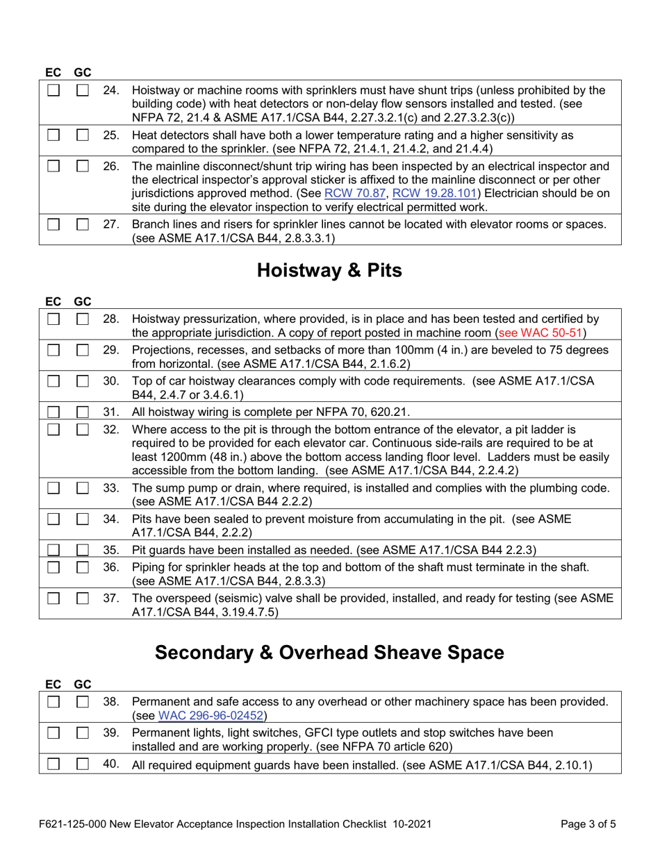 Form F621-125-000 Acceptance Inspection Scheduling Checklist (Electric  Hydraulic Elevators) - Washington, Page 3