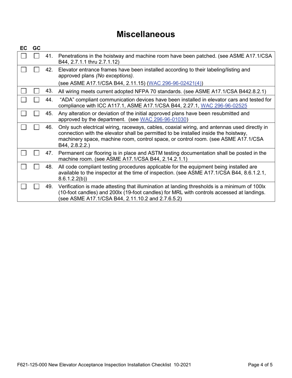 Form F621-125-000 Acceptance Inspection Scheduling Checklist (Electric  Hydraulic Elevators) - Washington, Page 4