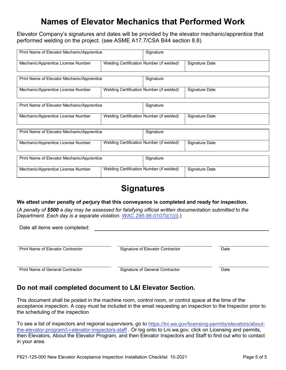 Form F621-125-000 Acceptance Inspection Scheduling Checklist (Electric  Hydraulic Elevators) - Washington, Page 5