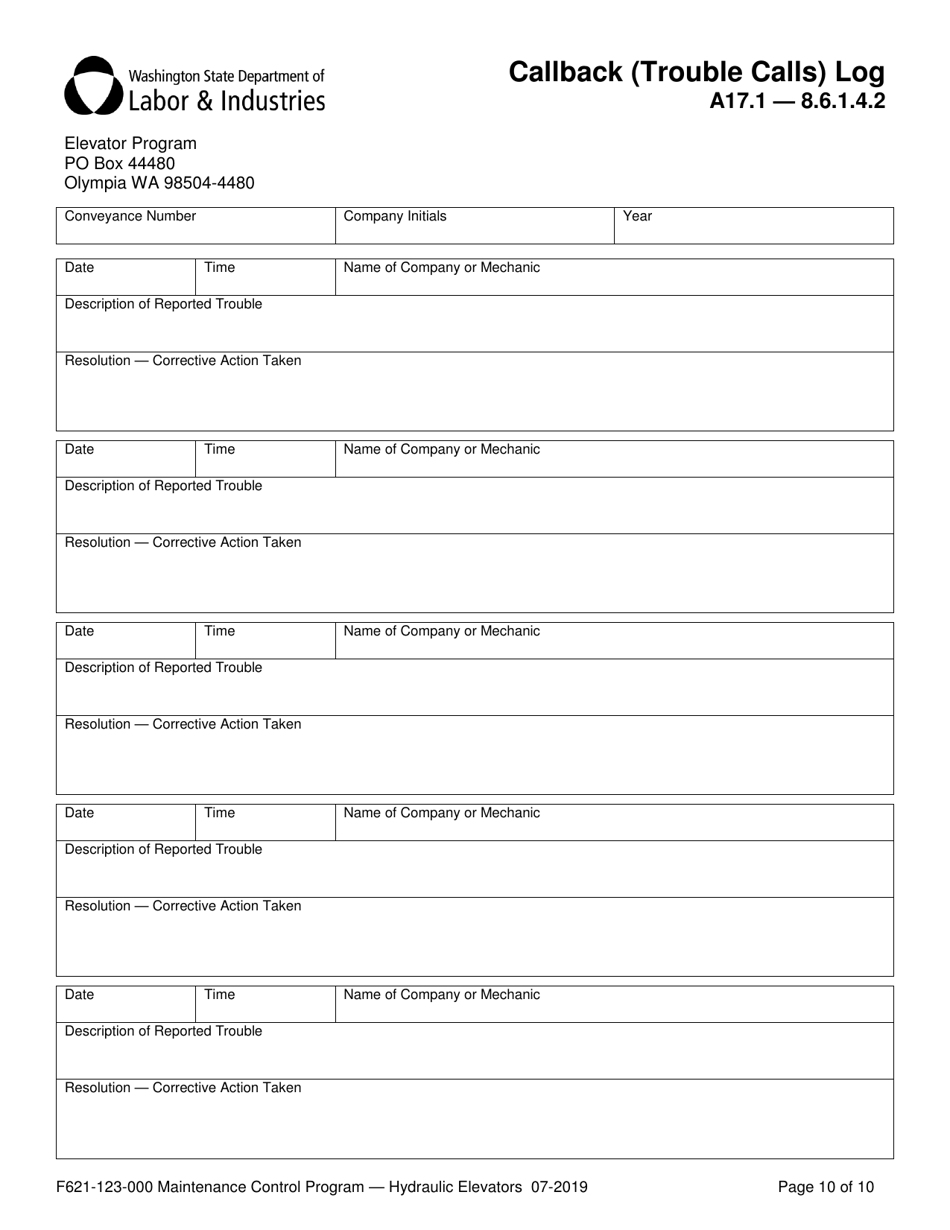 Form F621-123-000 Maintenance Control Program Documentation  Records - Hydraulic Elevators - Washington, Page 10