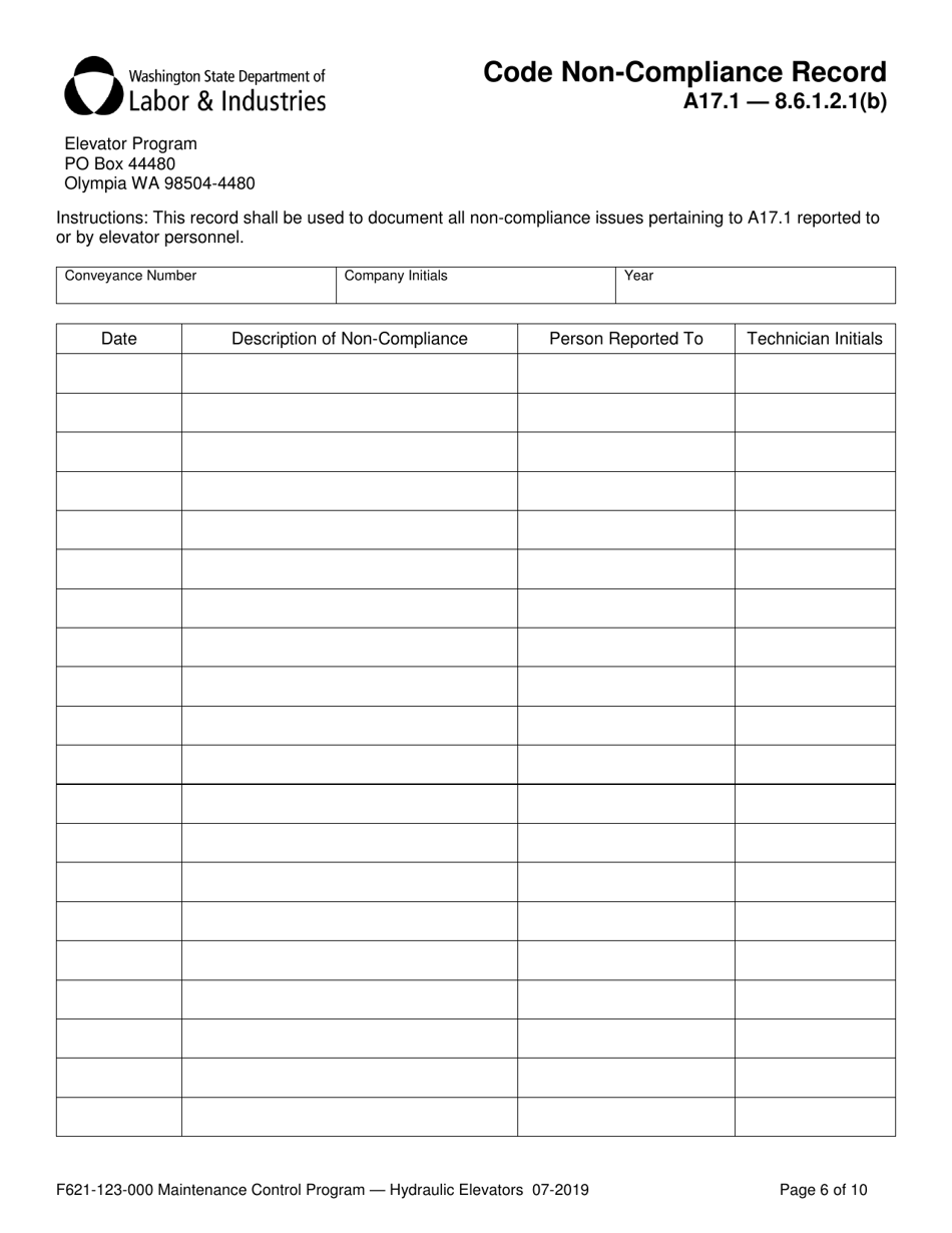 Form F621-123-000 Maintenance Control Program Documentation  Records - Hydraulic Elevators - Washington, Page 6