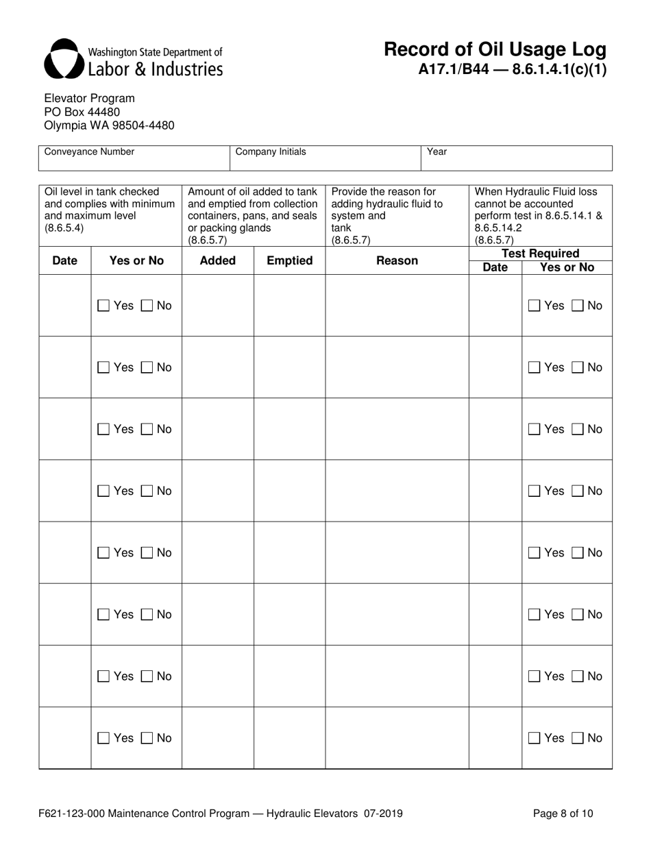 Form F621-123-000 Maintenance Control Program Documentation  Records - Hydraulic Elevators - Washington, Page 8