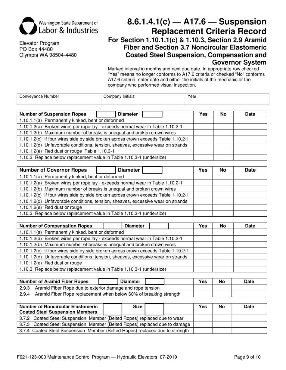 Form F621-123-000 Maintenance Control Program Documentation  Records - Hydraulic Elevators - Washington, Page 9