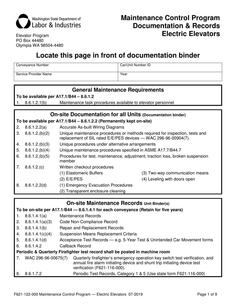 Form F621-122-000 Maintenance Control Program Documentation  Records - Electric Elevators - Washington, Page 1