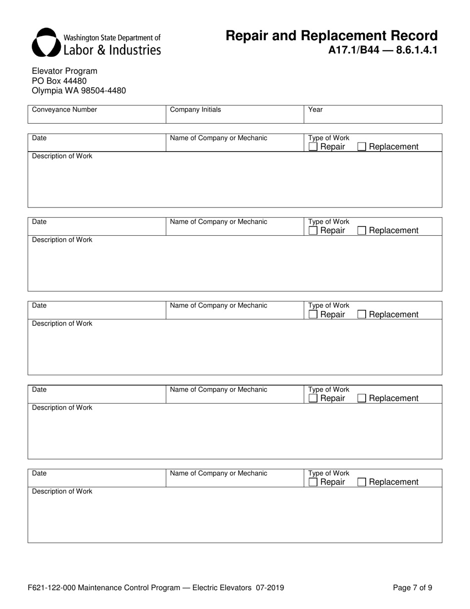 Form F621-122-000 Maintenance Control Program Documentation  Records - Electric Elevators - Washington, Page 7