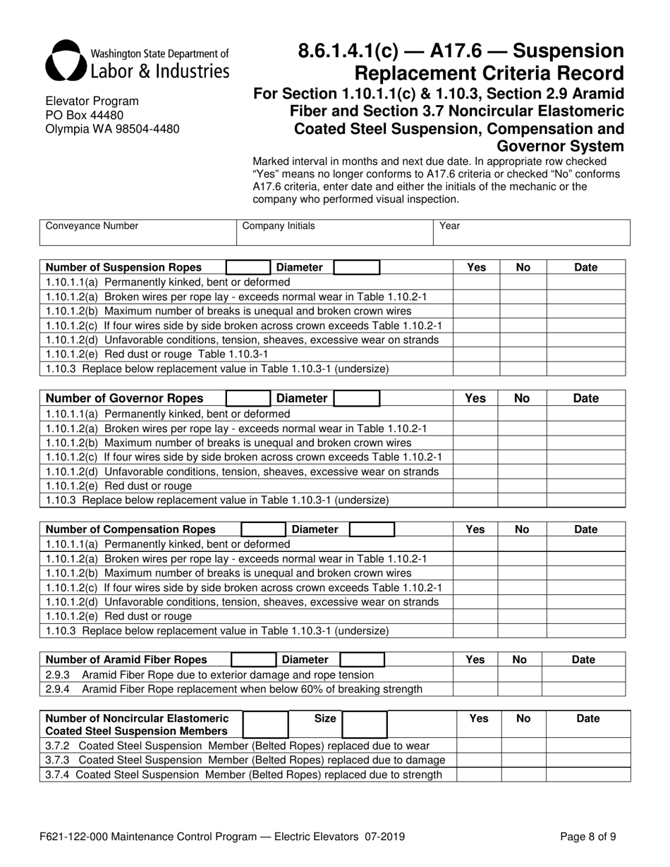 Form F621-122-000 Maintenance Control Program Documentation  Records - Electric Elevators - Washington, Page 8