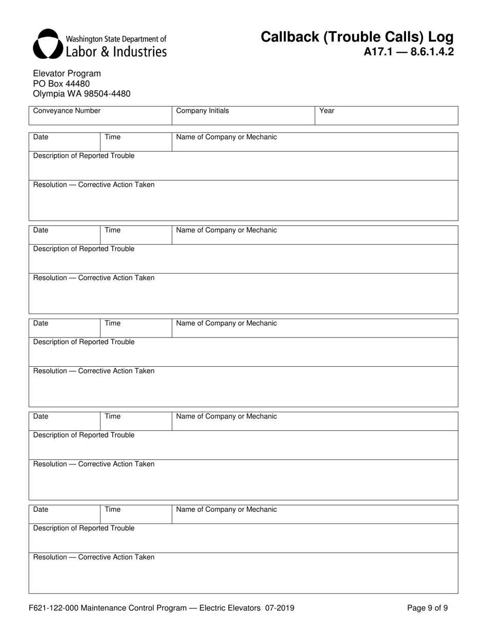 Form F621-122-000 Maintenance Control Program Documentation  Records - Electric Elevators - Washington, Page 9