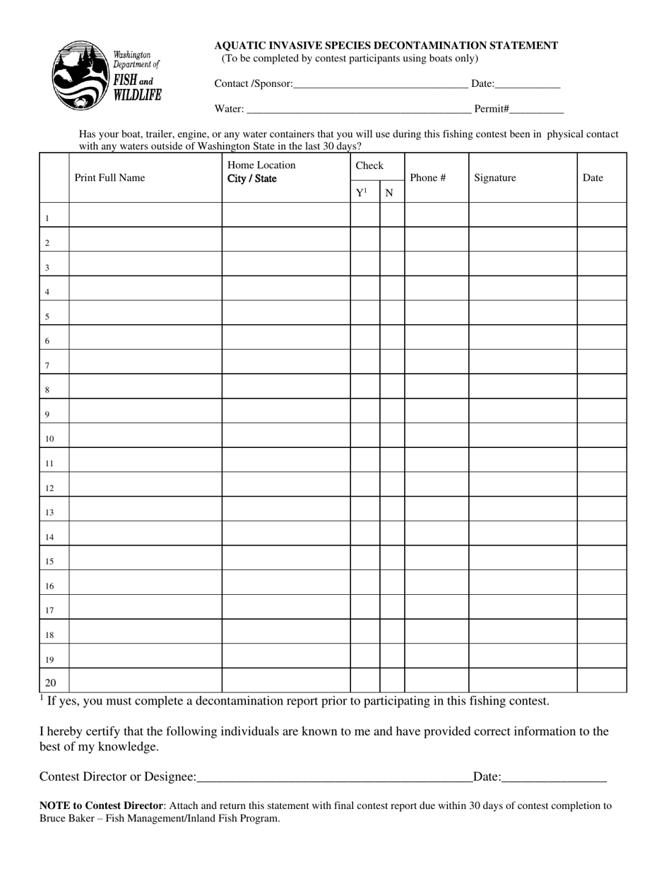 Aquatic Invasive Species Decontamination Statement - Washington, Page 1