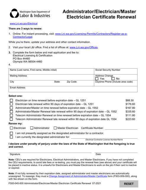 Form F500-045-000 Administrator/Electrician/Master Electrician Certificate Renewal - Washington