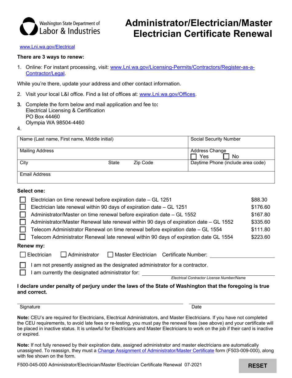 Form F500-045-000 Administrator / Electrician / Master Electrician Certificate Renewal - Washington, Page 1