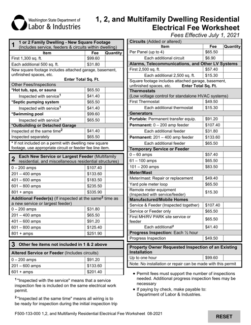 Form F500-133-000 1, 2, and Multifamily Dwelling Residential Electrical Fee Worksheet - Washington