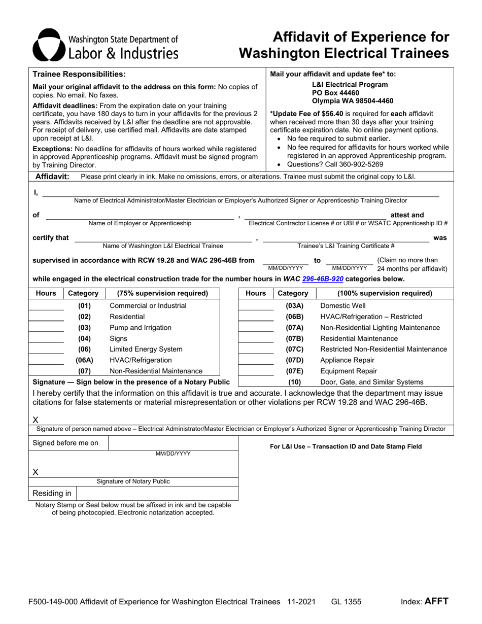 Form F500-149-000 Affidavit of Experience for Washington Electrical Trainees - Washington, Page 1
