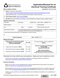 Document preview: Form F626-048-000 Application/Renewal for an Electrical Training Certificate - Washington