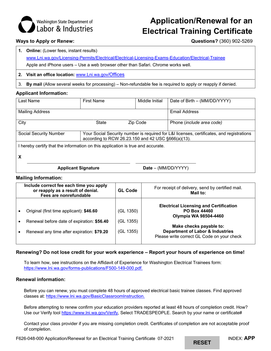 Form F626-048-000 Application / Renewal for an Electrical Training Certificate - Washington, Page 1