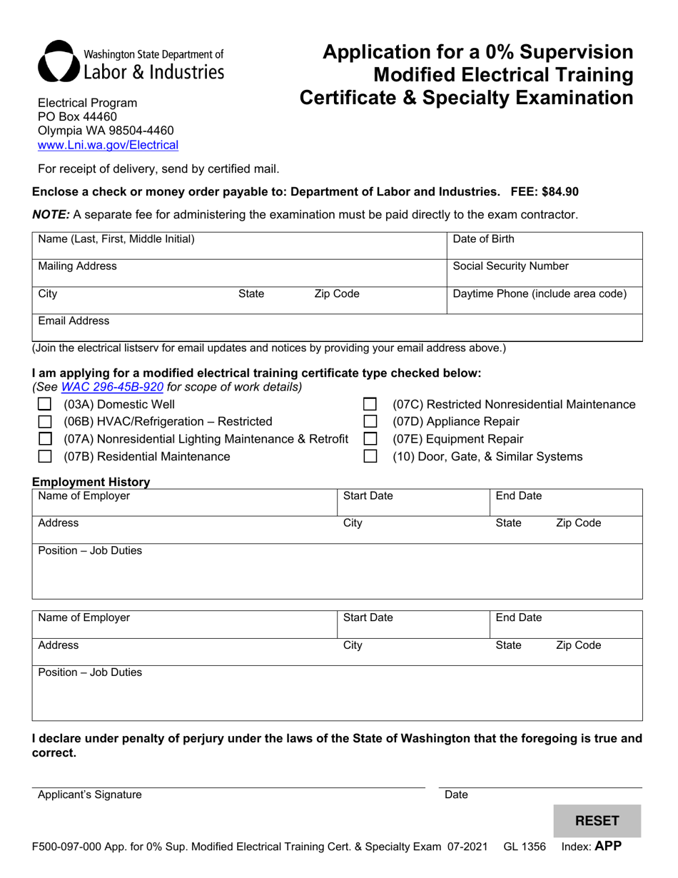 Form F500-097-000 Application for a 0% Supervision Modified Electrical Training Certificate  Specialty Examination - Washington, Page 2