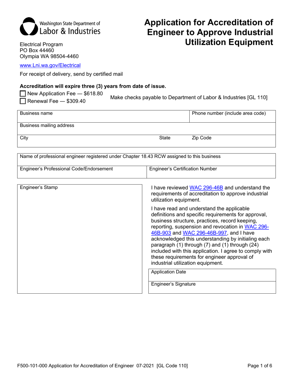 Form F500-101-000 Application for Accreditation of Engineer to Approve Industrial Utilization Equipment - Washington, Page 1