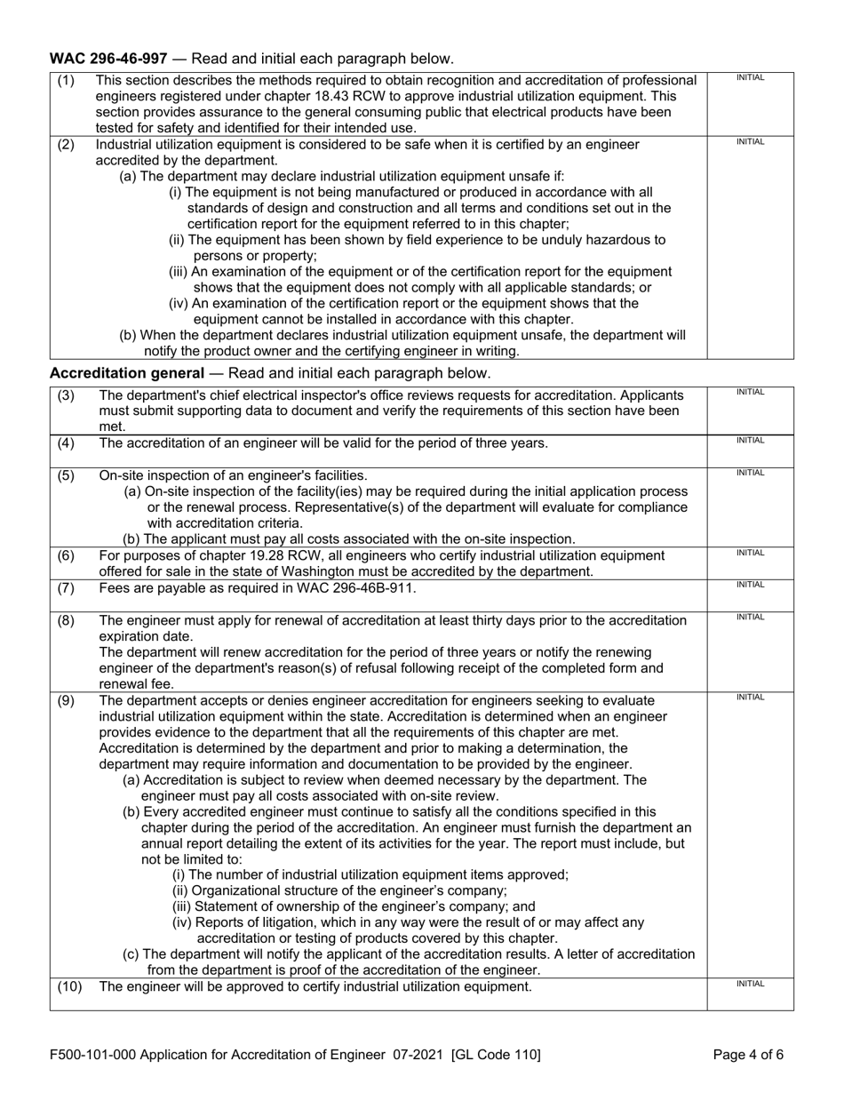 Form F500-101-000 Application for Accreditation of Engineer to Approve Industrial Utilization Equipment - Washington, Page 4