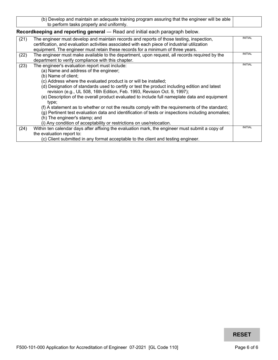 Form F500-101-000 Application for Accreditation of Engineer to Approve Industrial Utilization Equipment - Washington, Page 6