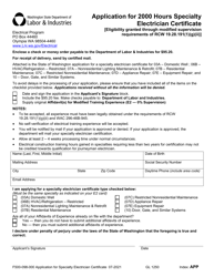 Document preview: Form F500-098-000 Application for Specialty Electrician Certificate - Washington