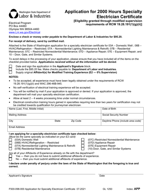 Form F500-098-000 Application for Specialty Electrician Certificate - Washington